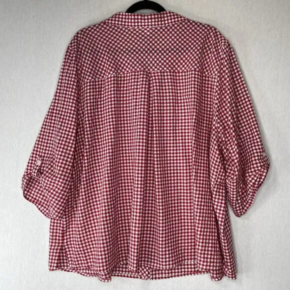 Catherines Plus Size Top Blouse Button Down 3X Red White Gingham Tabbed Sleeves - Picture 6 of 12